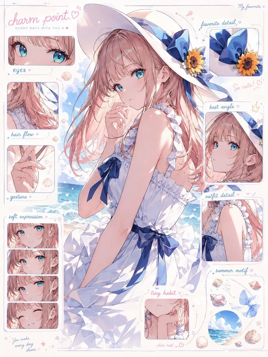 入力されたキャラクター画像をもとに、 そのキャラクターの「魅力解剖図」を1枚のビジュアルとし