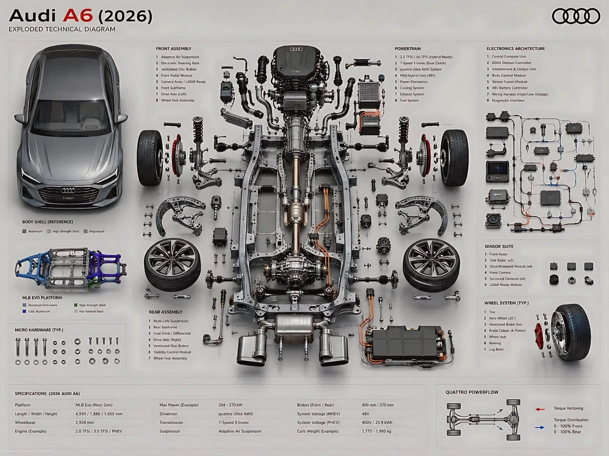 Ultra-High Fidelity Exploded Technical Diagram of a 2026 Audi A6