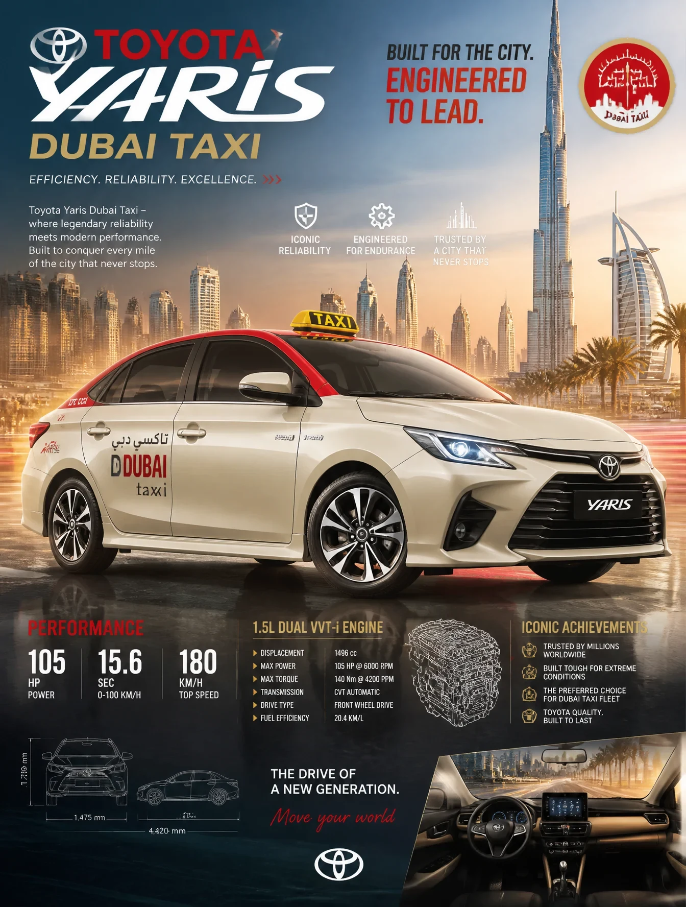 Epic Premium Automotive Poster of Toyota Yaris - Dubai Taxiwith the Scenery
