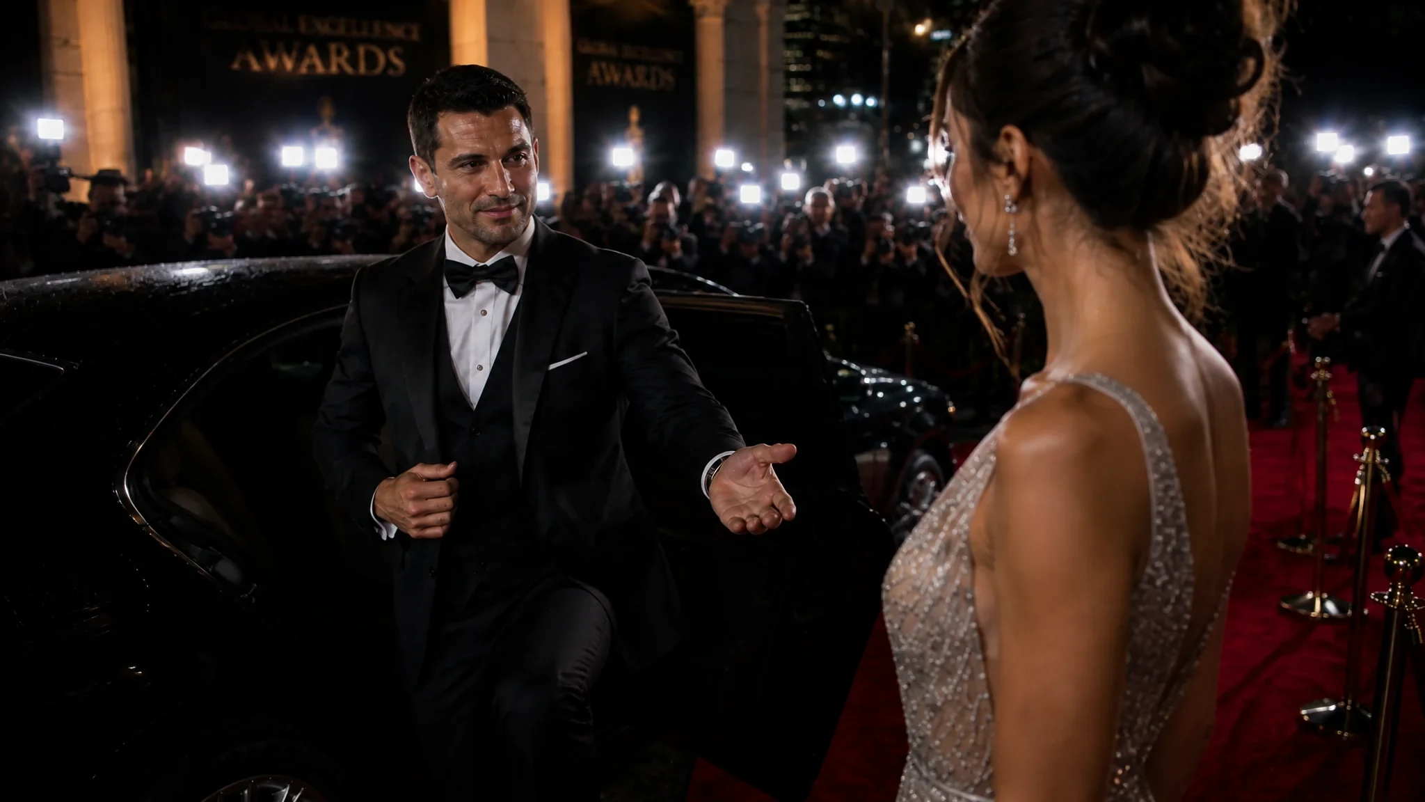 A Handsome Man in a Sharp Black Tuxedo Exits a Luxury Car