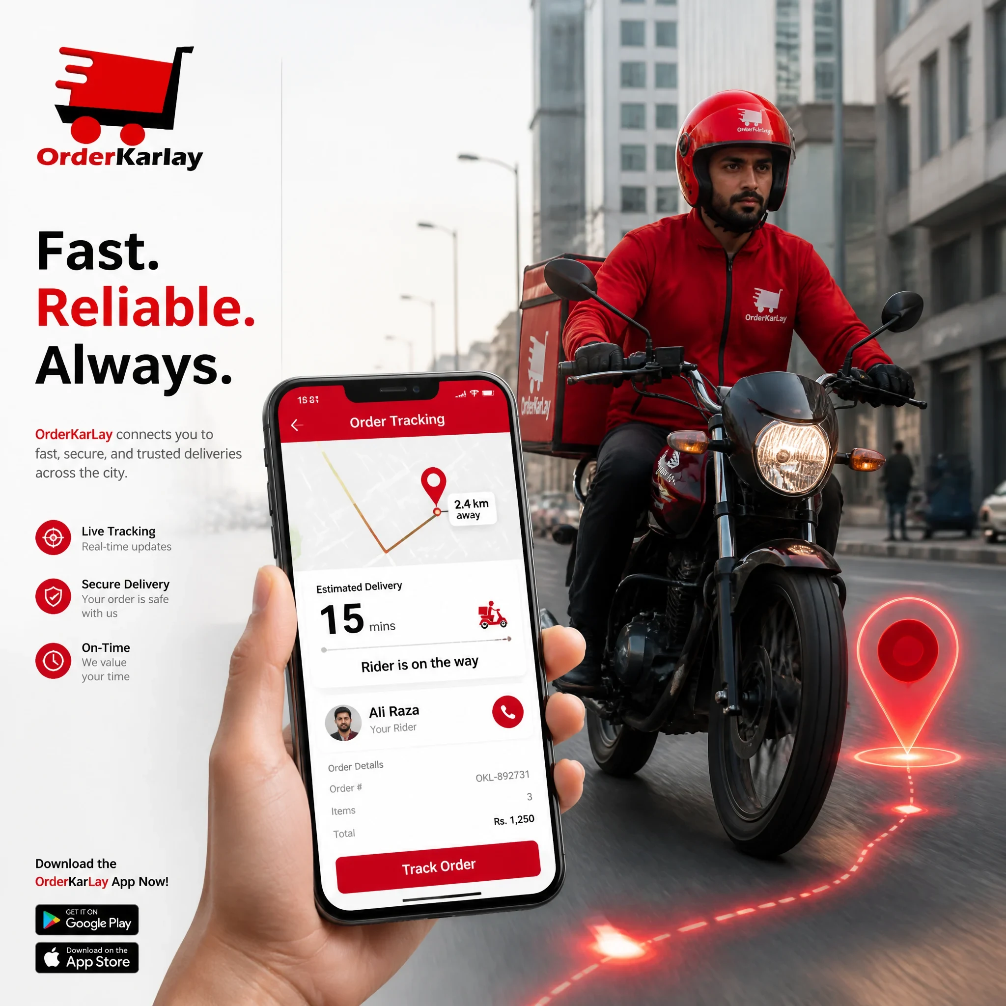 Subject & Action a Professional Delivery Rider in a Crisp Orderkarlay Uniform