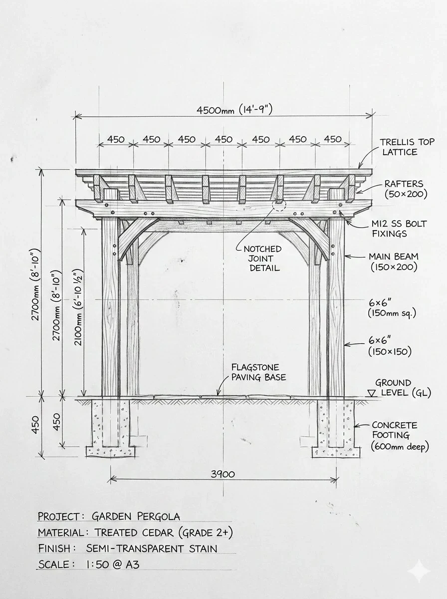 Pergola Blueprint Prompt: Hand-Drawn Architectural Pencil Sketch of a Wooden