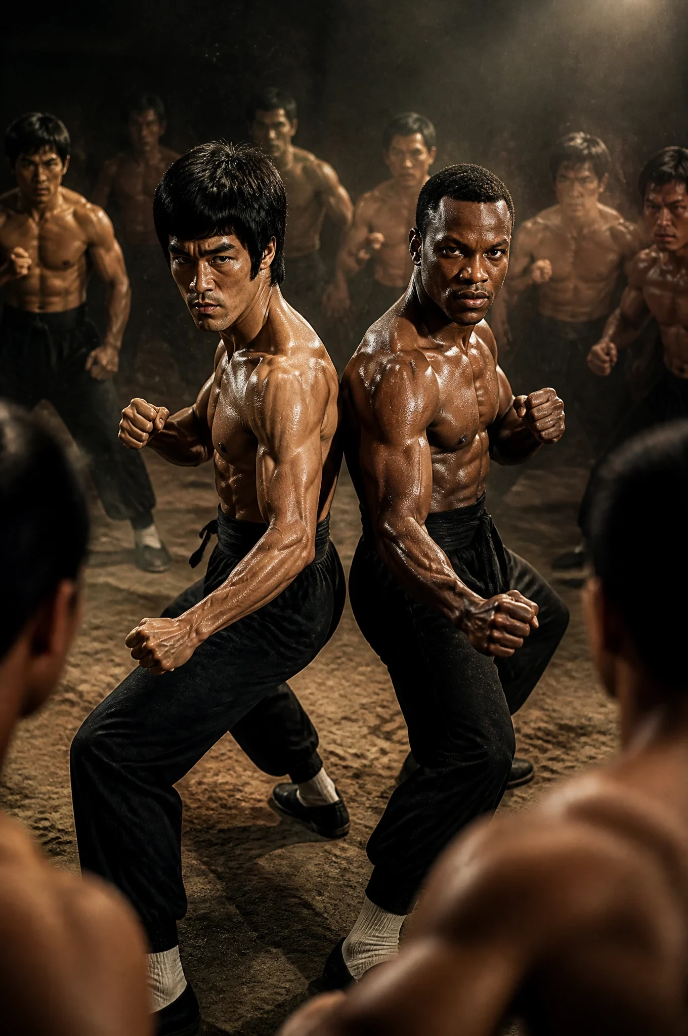 主体与动作 画面中心，Bruce Lee 与一名30岁、体格健硕的肌肉男子背靠背站立，处于圆