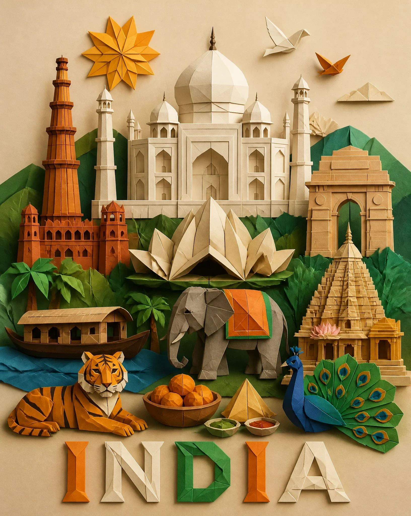Origami Paper Art Style Illustration of COUNTRY NAME=India, Vertical 4:5