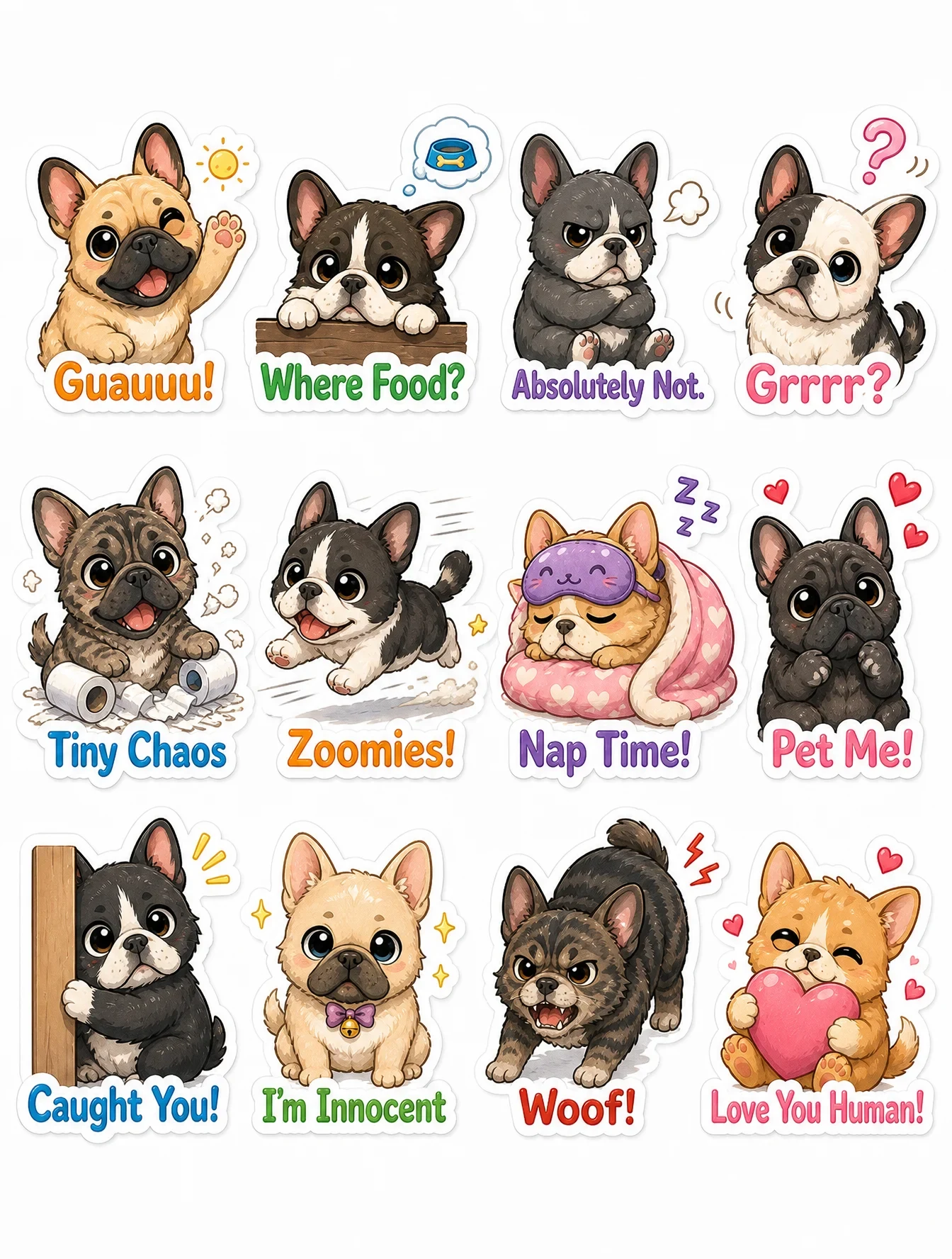 Cute Illustrated Chibi French Bulldog Sticker-Pack, Fluffy Kitten Design