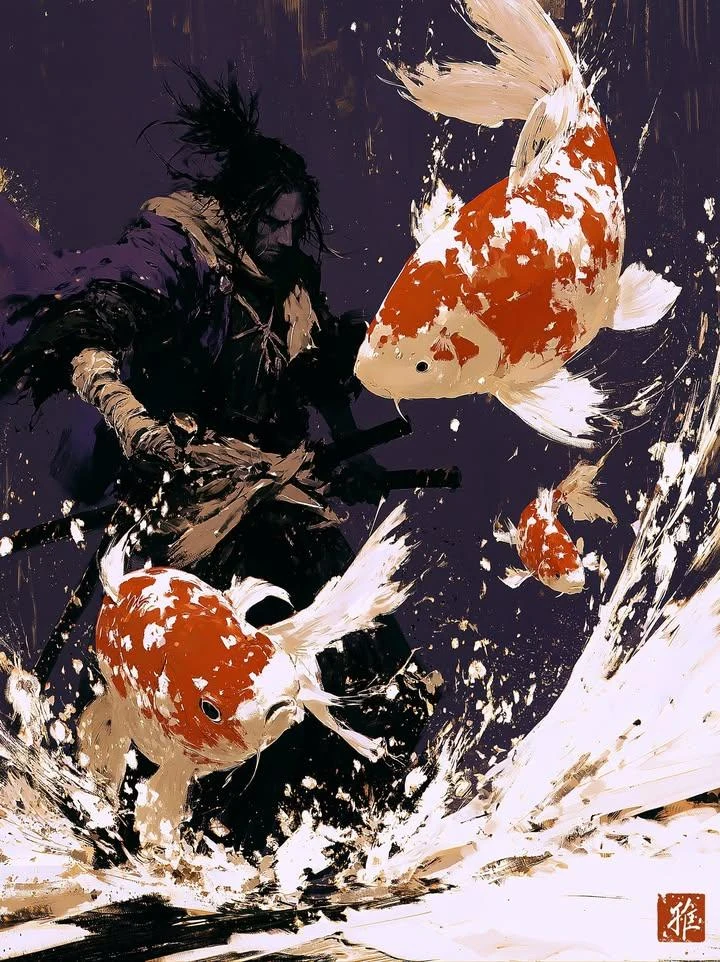 Dark Ink Wash Painting, Lone Samurai Warrior Holding Katana