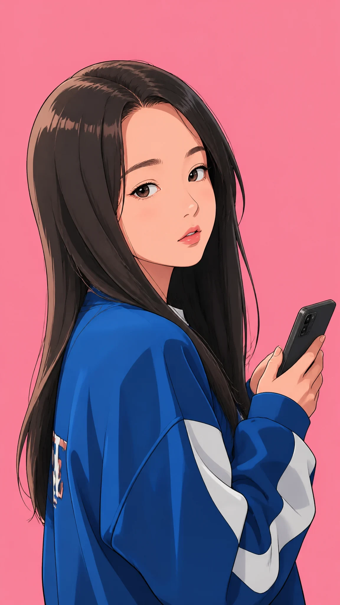 A Stylized Anime-Inspired Portrait Features image1, Flat Pastel Pink Backdrop