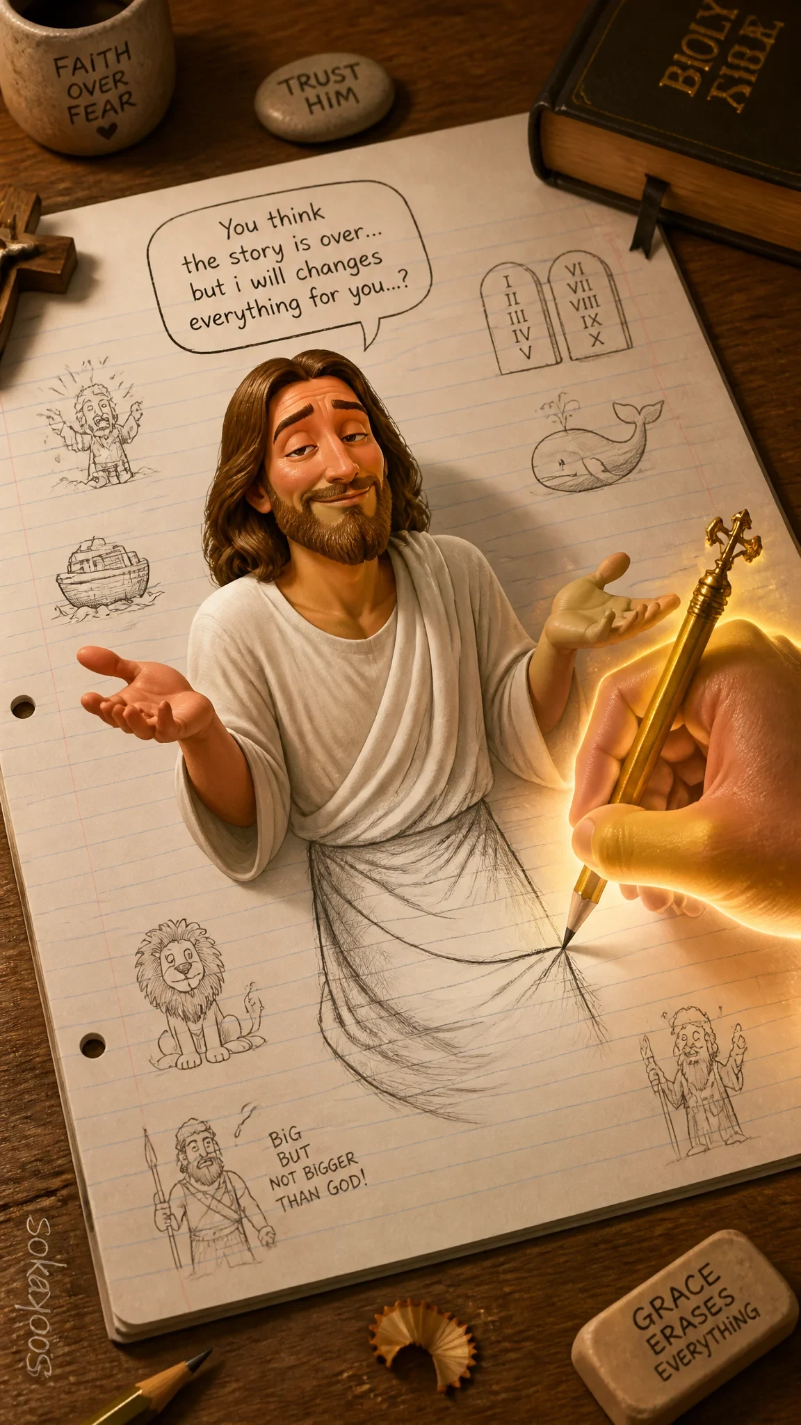 "a Humorous, Exaggerated Artwork Showing Jesus, Wearing a Simple Robe