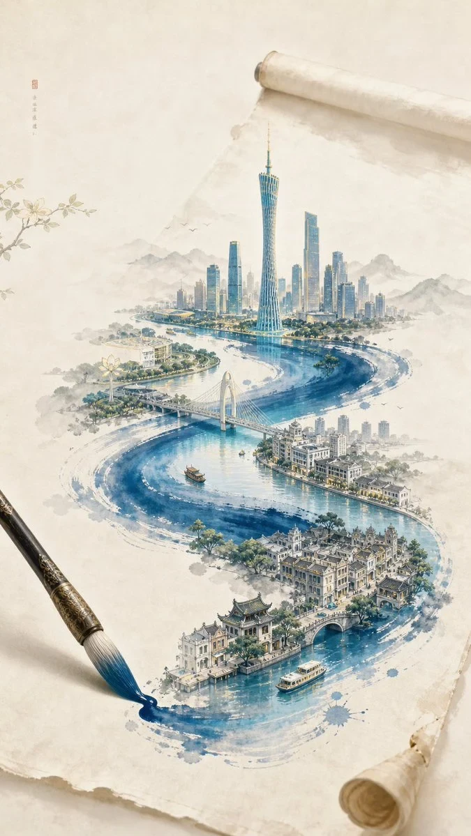 一张 新中式极简东方美学 风格的创意插画海报，整体画面以 宣纸暖白背景 为主，带有极轻微纸张