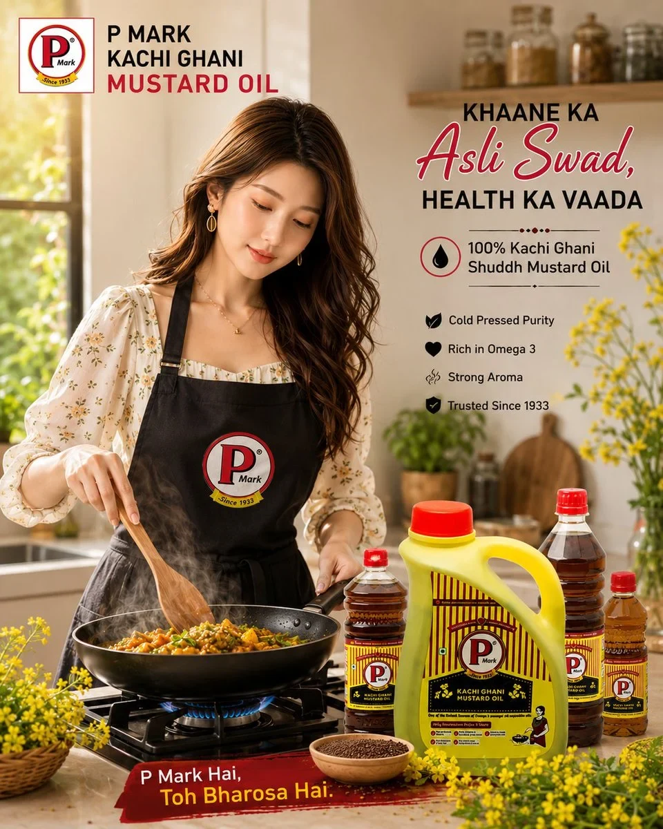 Ultra Realistic Premium Indian Mustard Oil Advertisement Poster for “p MARK KACHI