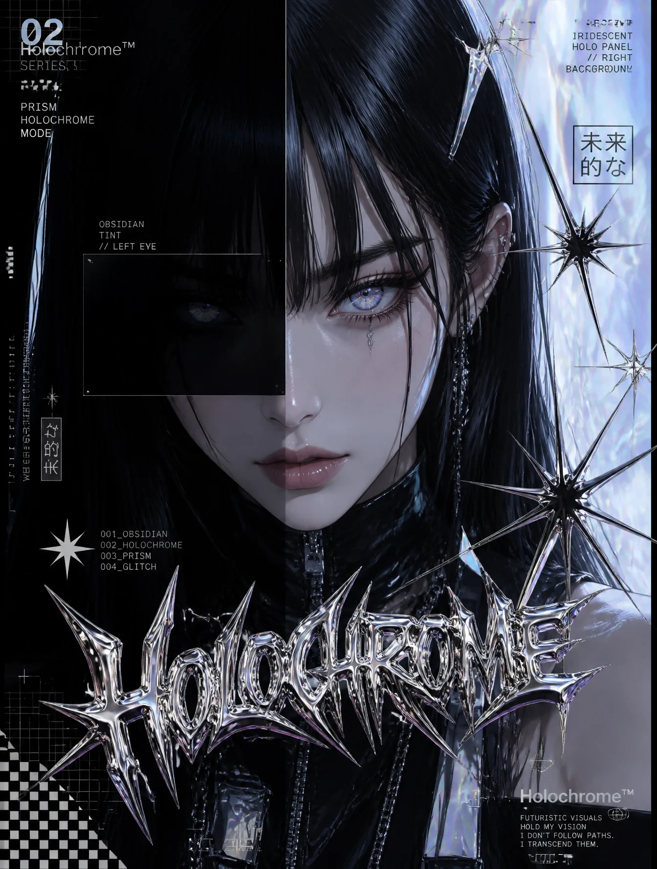 Obsidian & Holographicfuturistic Anime Girl with Sleek Jet Black Hair