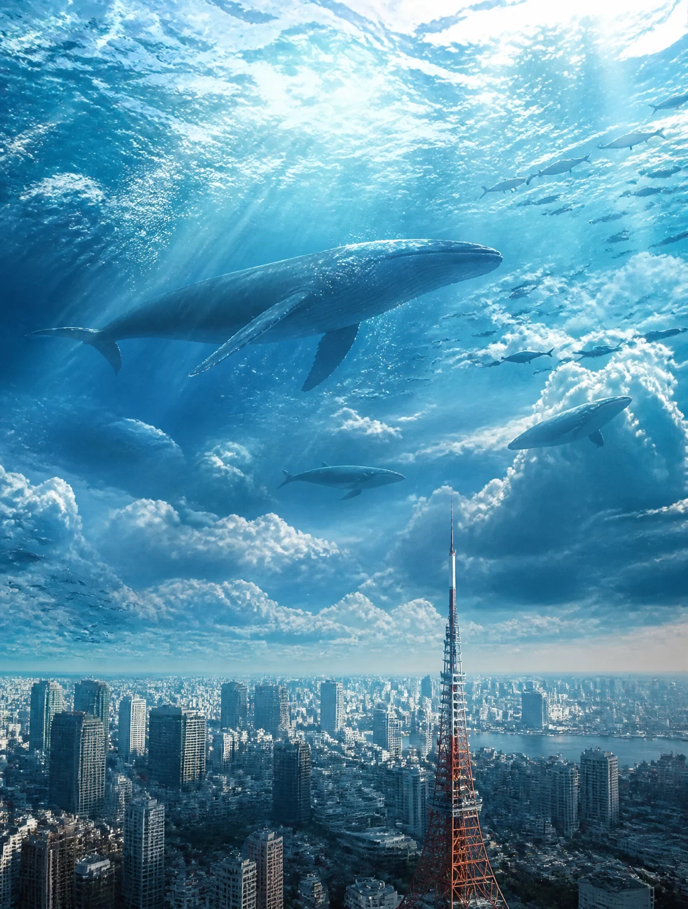 Massive Ocean Floating in the Sky Above a Modern City