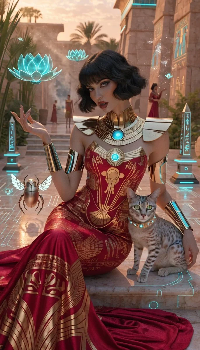 Photorealistic Retro-Futuristic Egyptian Cyberpunk Queen Seated Regally