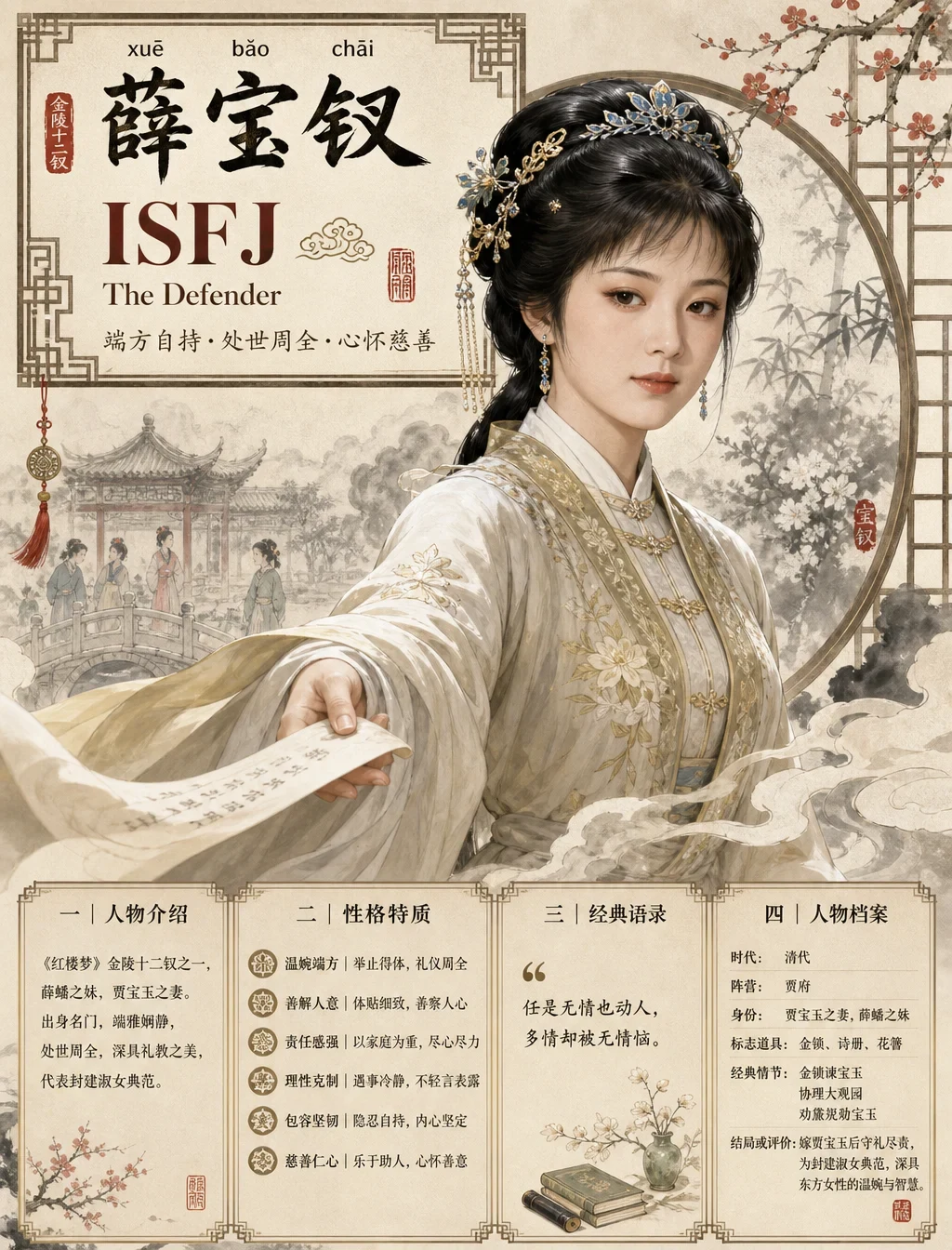 请生成一张【中国古典人物 MBTI 高端国风信息海报】