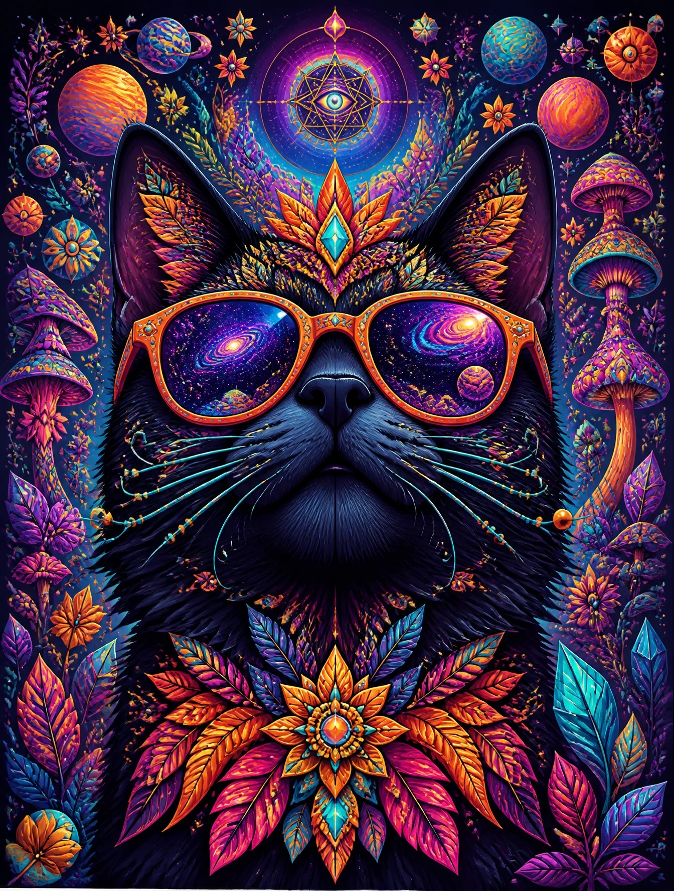 Psychedelic Vector Illustration of a Majestic Black Cat Viewed from a Dramatic