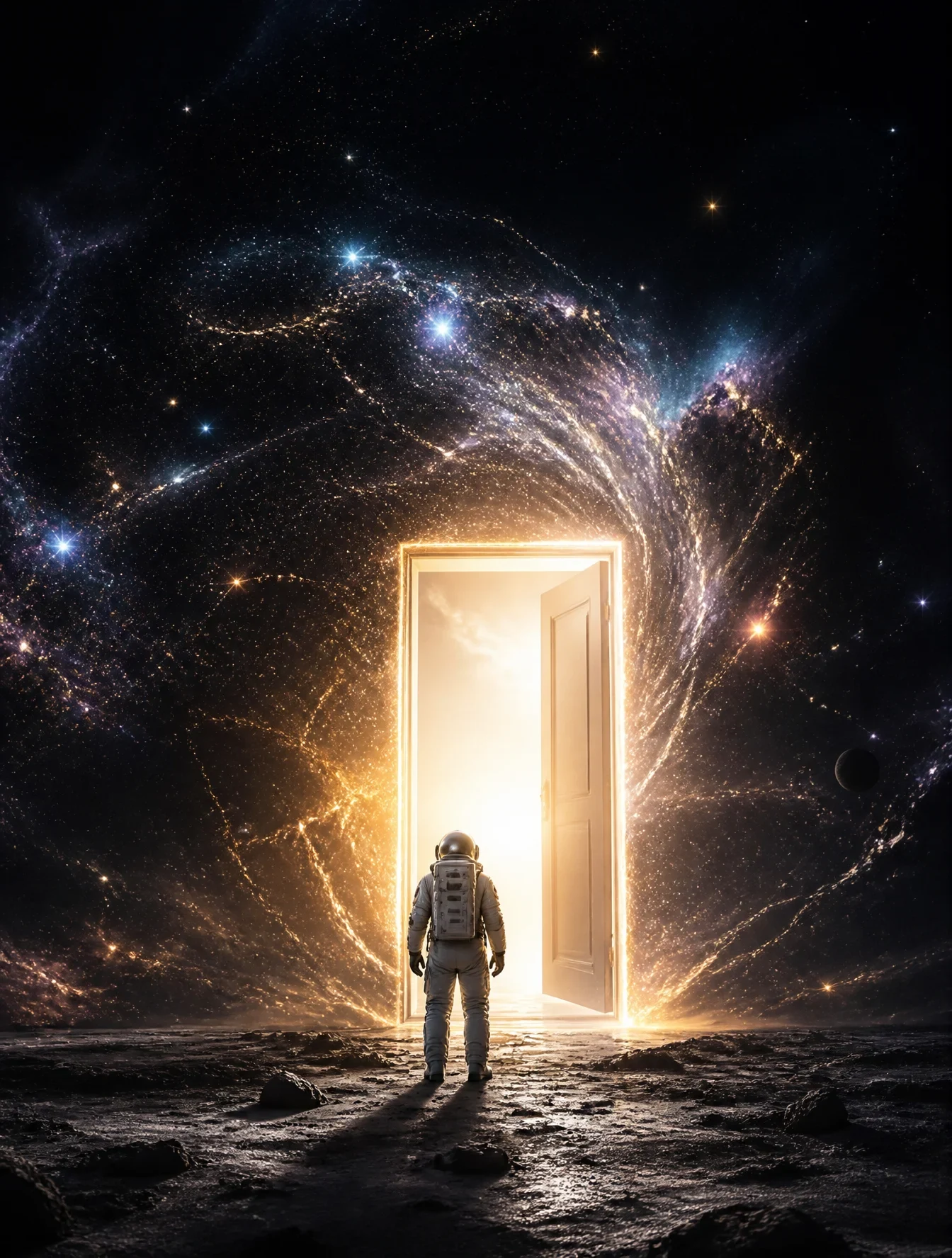 A Lonely Astronaut Discovering a Glowing Door in the Middle of the Universe