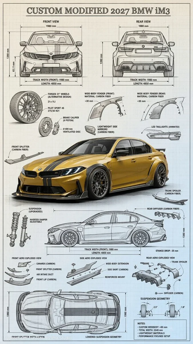 Technical Blueprint Sketch and Realistic 3D–render Fusion of a Custom Modified Car