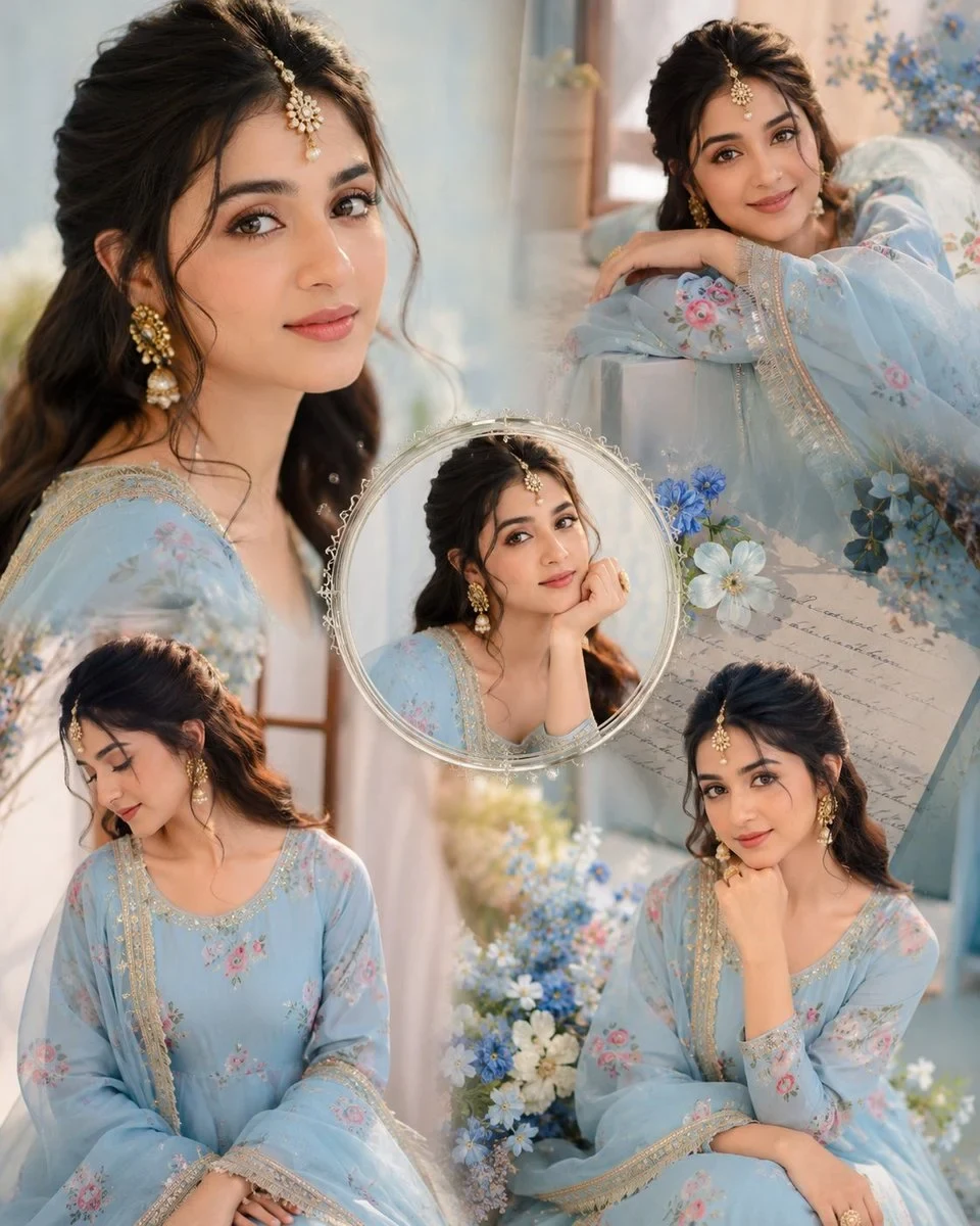 Dreamy Aesthetic Portrait Collage of a Beautiful Young Indian Girl Wearing a Soft