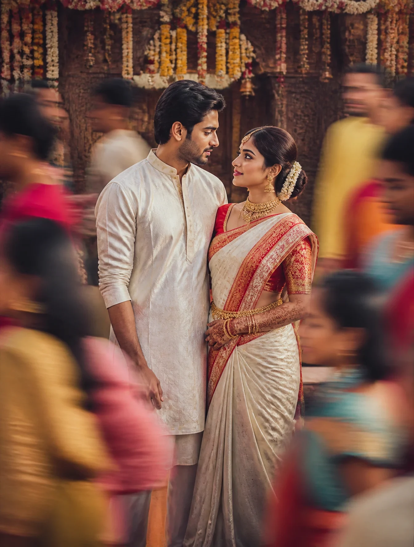 A Cinematic Gujarati Wedding Scene Featuring a Man and Woman Dressed