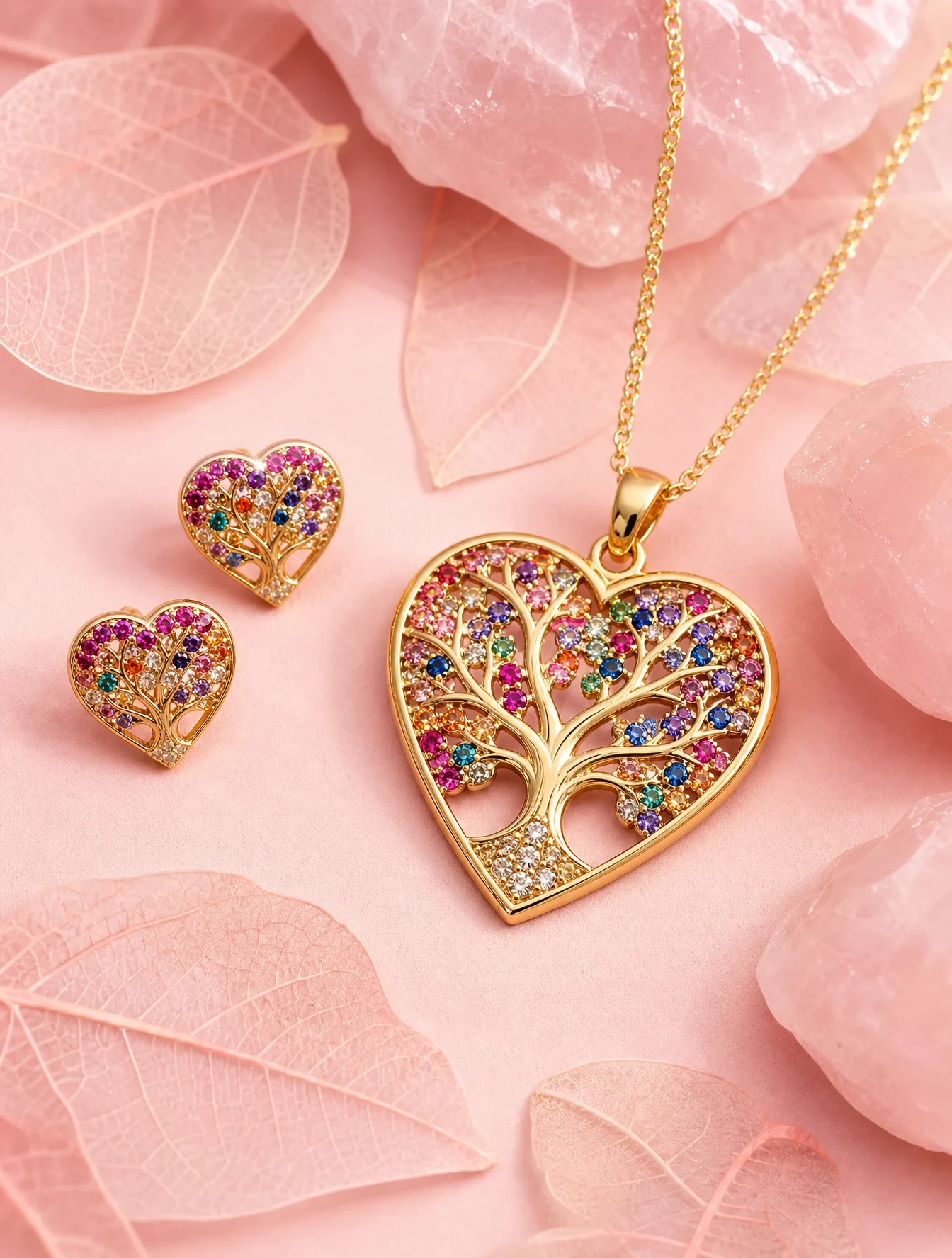 A Gold Heart-Shaped Pendant Featuring a Tree of Life Motif Encrusted with Vibrant