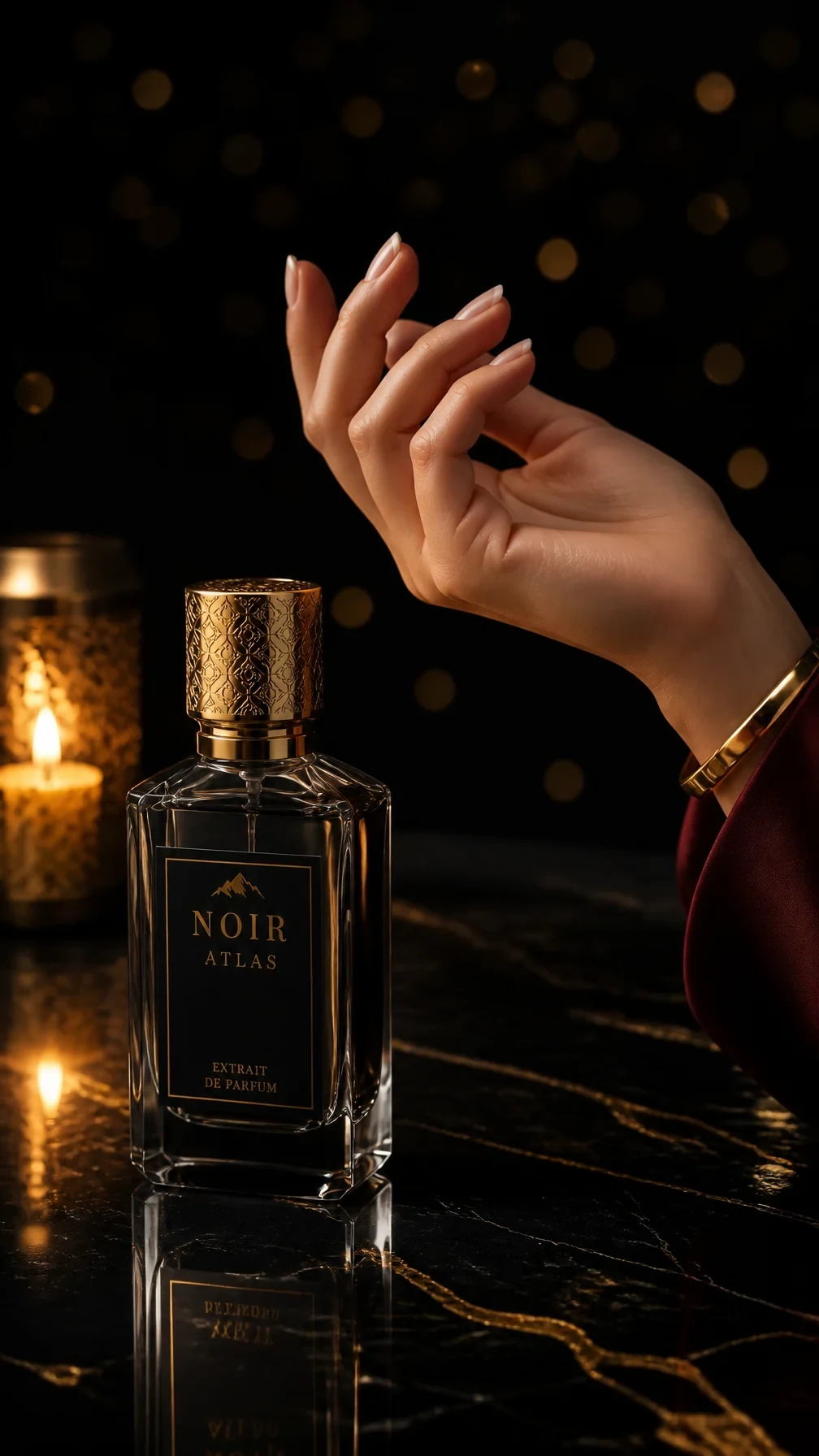 Ultra Luxury Perfume Bottle "noir Atlas" on Black Marble Surface