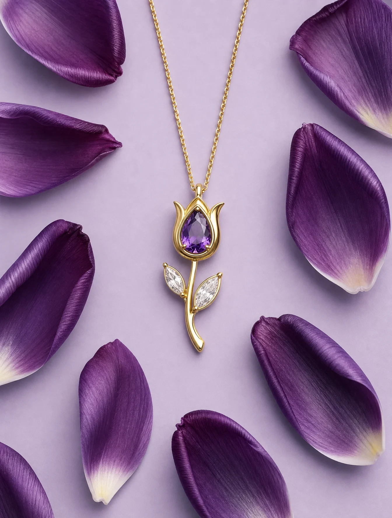 Subject and Composition a Delicate Gold Tulip-Shaped Pendant Necklace Placed