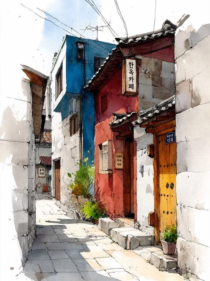Watercolor Urban Sketch, Narrow Alley in Traditional Korean Hanok Village
