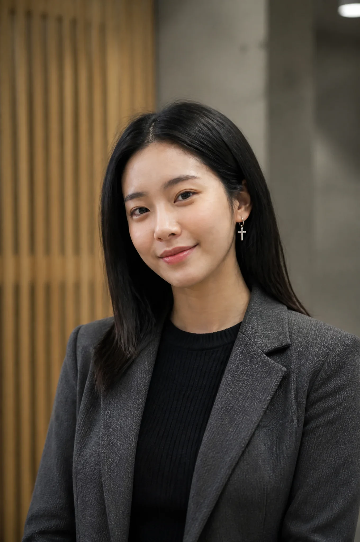 A Young East Asian Woman with Shoulder-Length Dark Hair Stands in a Professional