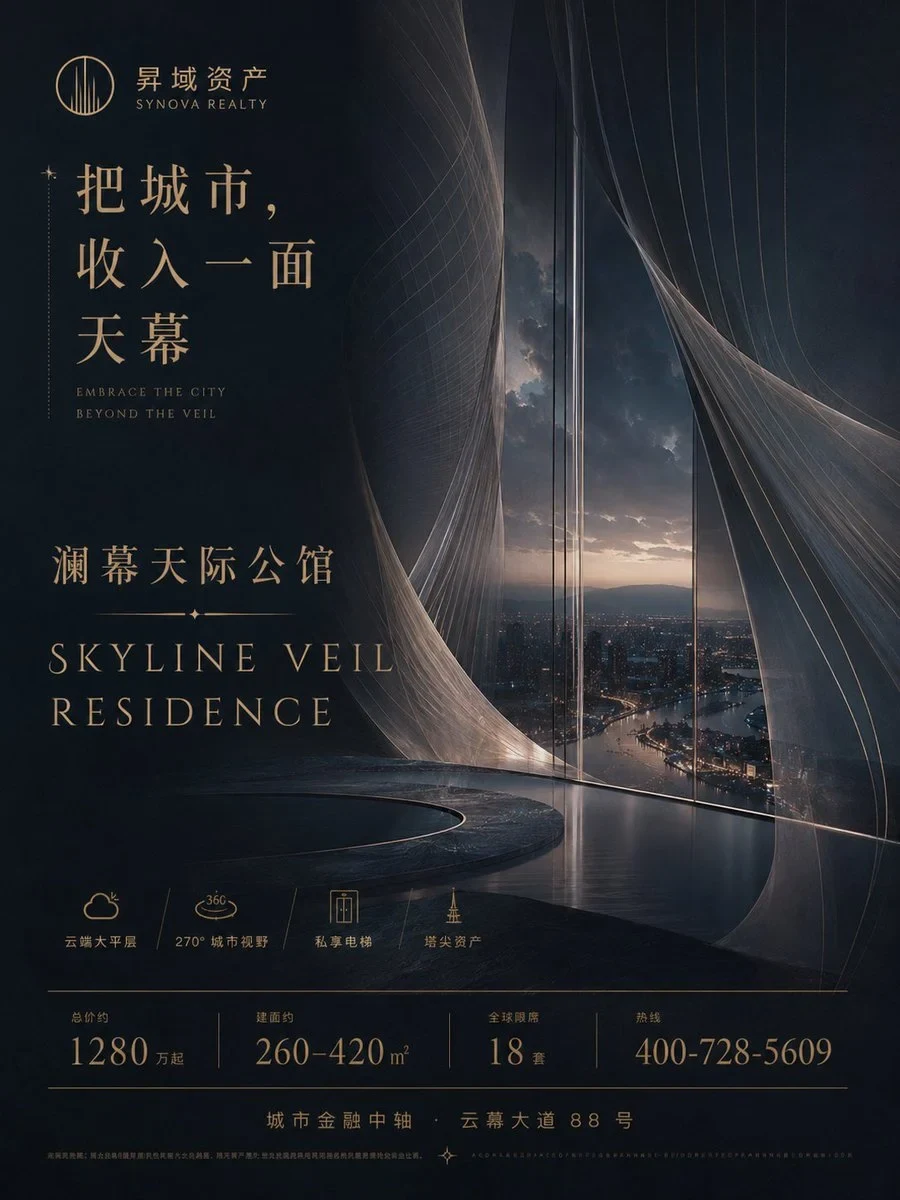 生成一张高端地产项目竖版广告海报，画面比例 3:4 或 4:5