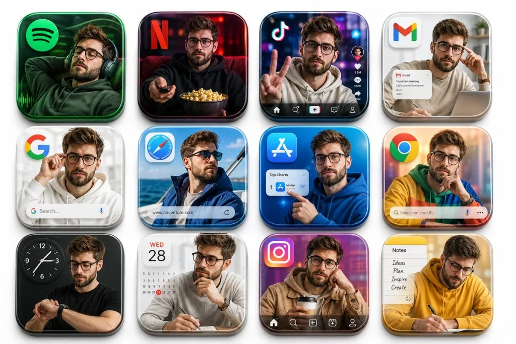 Creative Visuals — Create a premium 3D grid of 12 square app ico