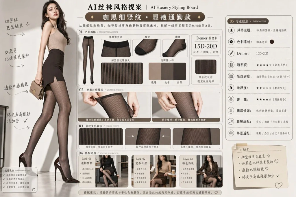 Commercial Product — Generate a horizontal 43 AI Hosiery Styling
