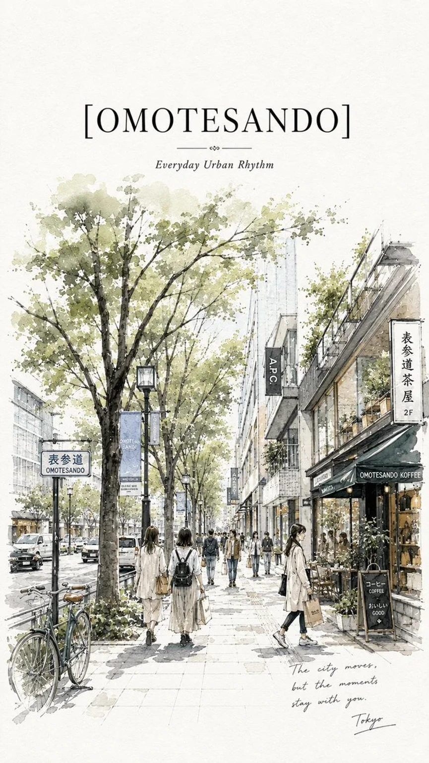 Minimalist Ultra-High-Resolution Travel Sketch Poster of Omotesando