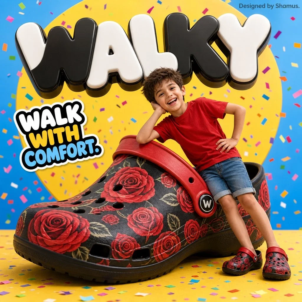 Commercial Product — A vibrant childrens shoe advertisement poste