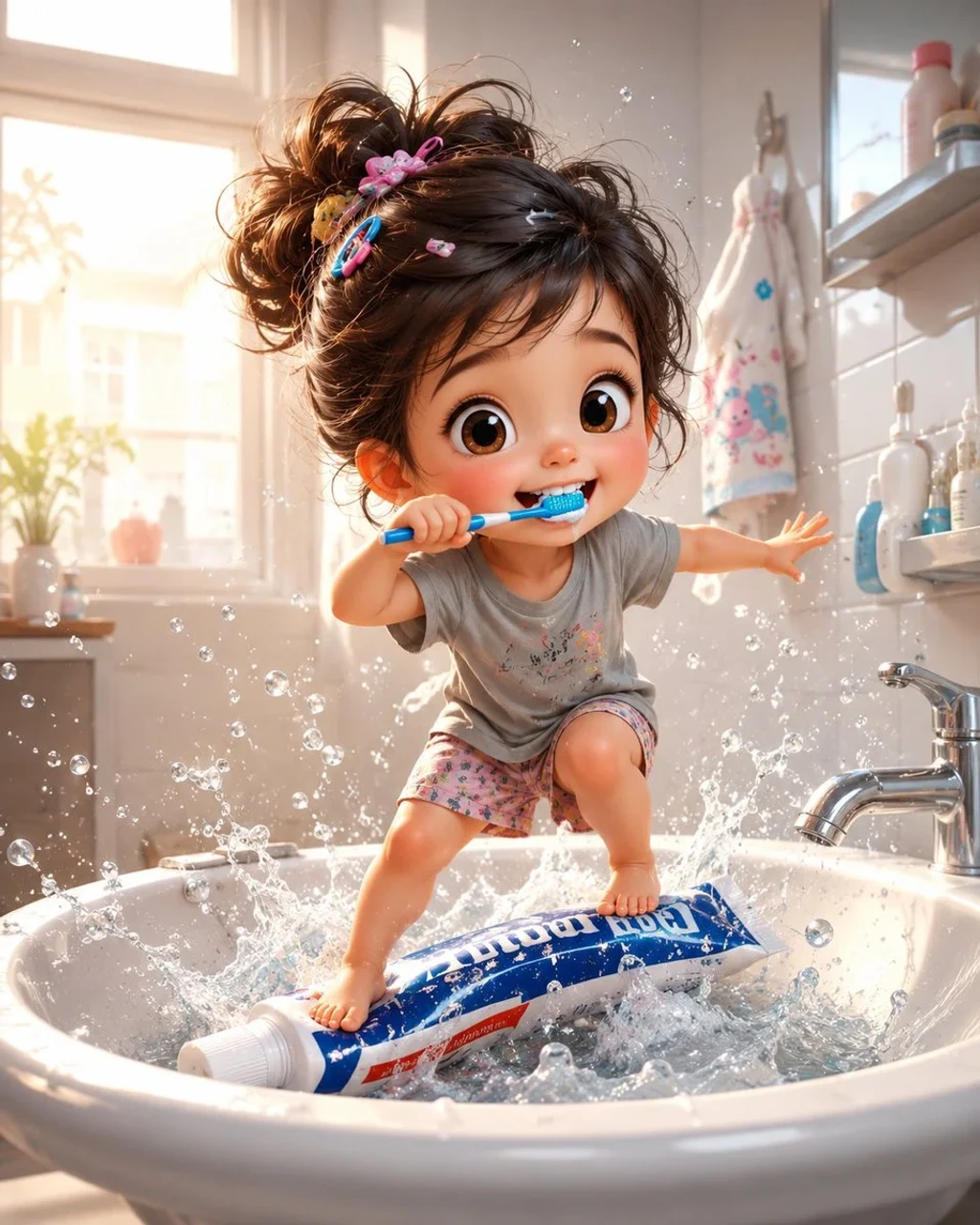 A Whimsical, Ultra-Detailed 3D Illustration of a Cute Toddler Girl with