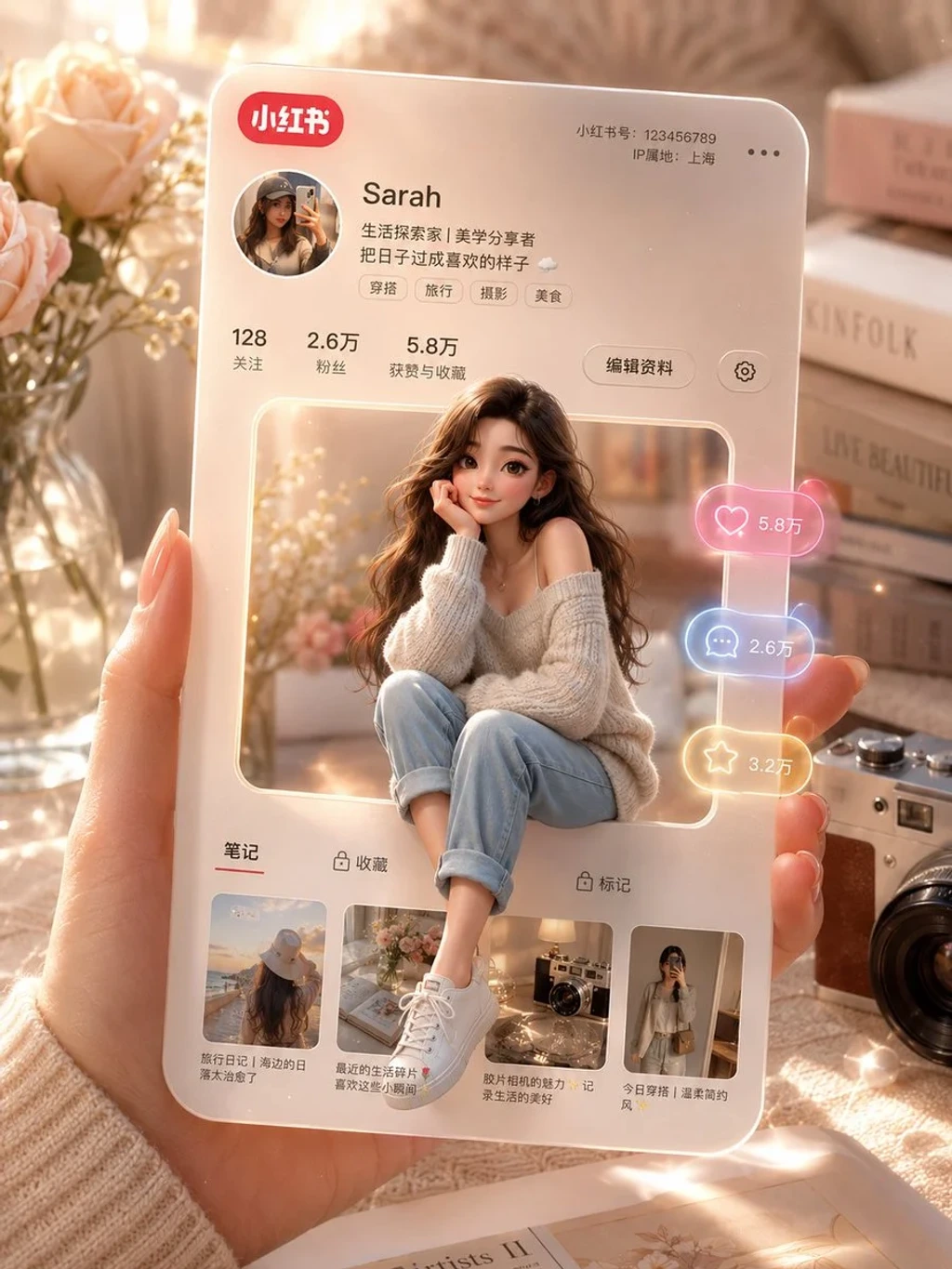 Illustration & 3D — A hand holding a 3D Xiaohongshu profile card