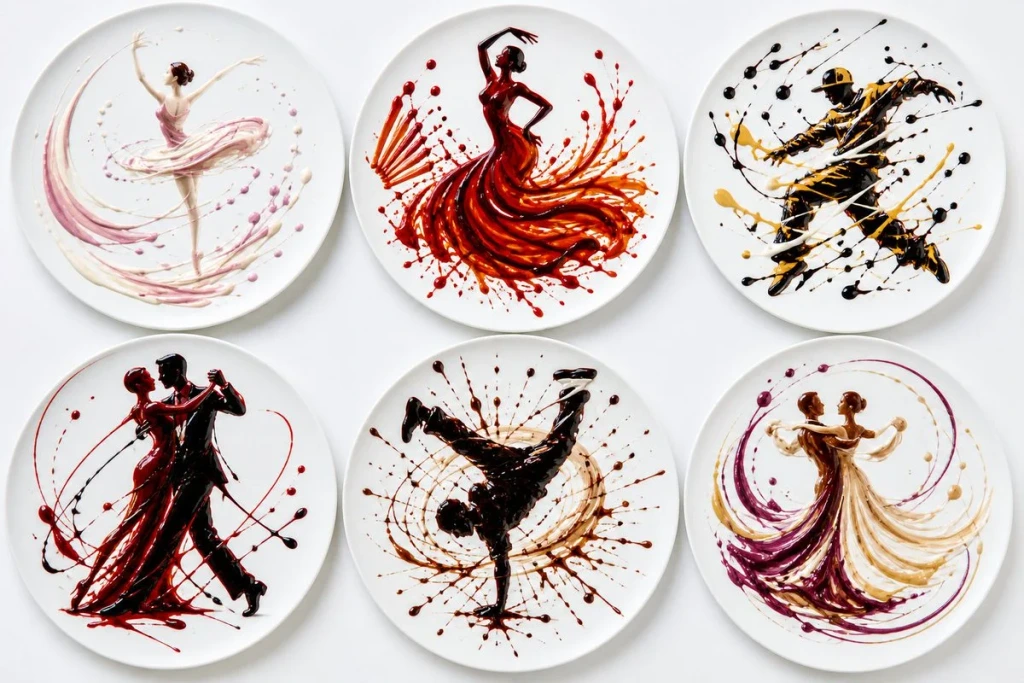 Food — Six round white plates each with a different