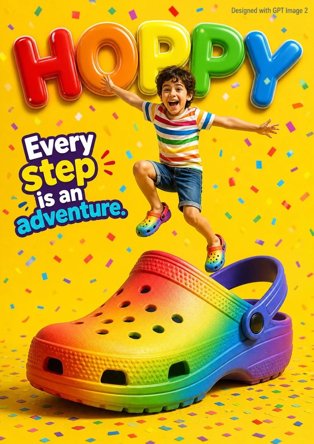 Commercial Product — A vibrant childrens shoe advertisement poste