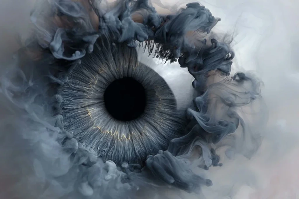 A Subject Emerges from Swirling Liquid Plumes Suspended in Milky Water