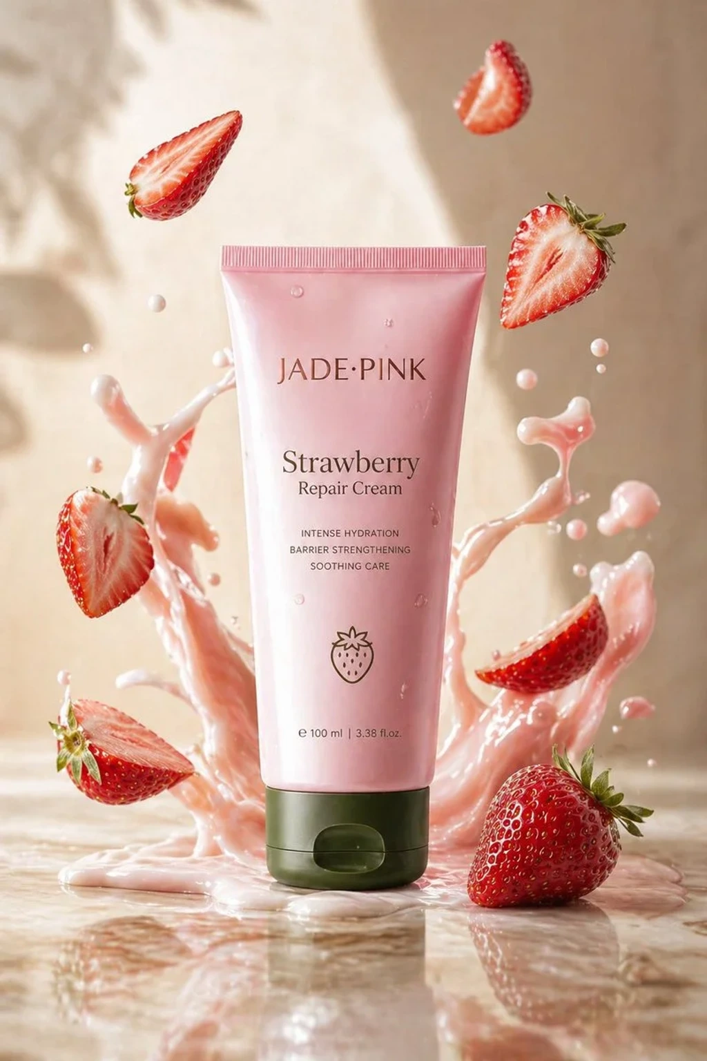 A Sleek Jade-Pink Tube Labeled "strawberry Repair Cream" Upright on Glossy Marble
