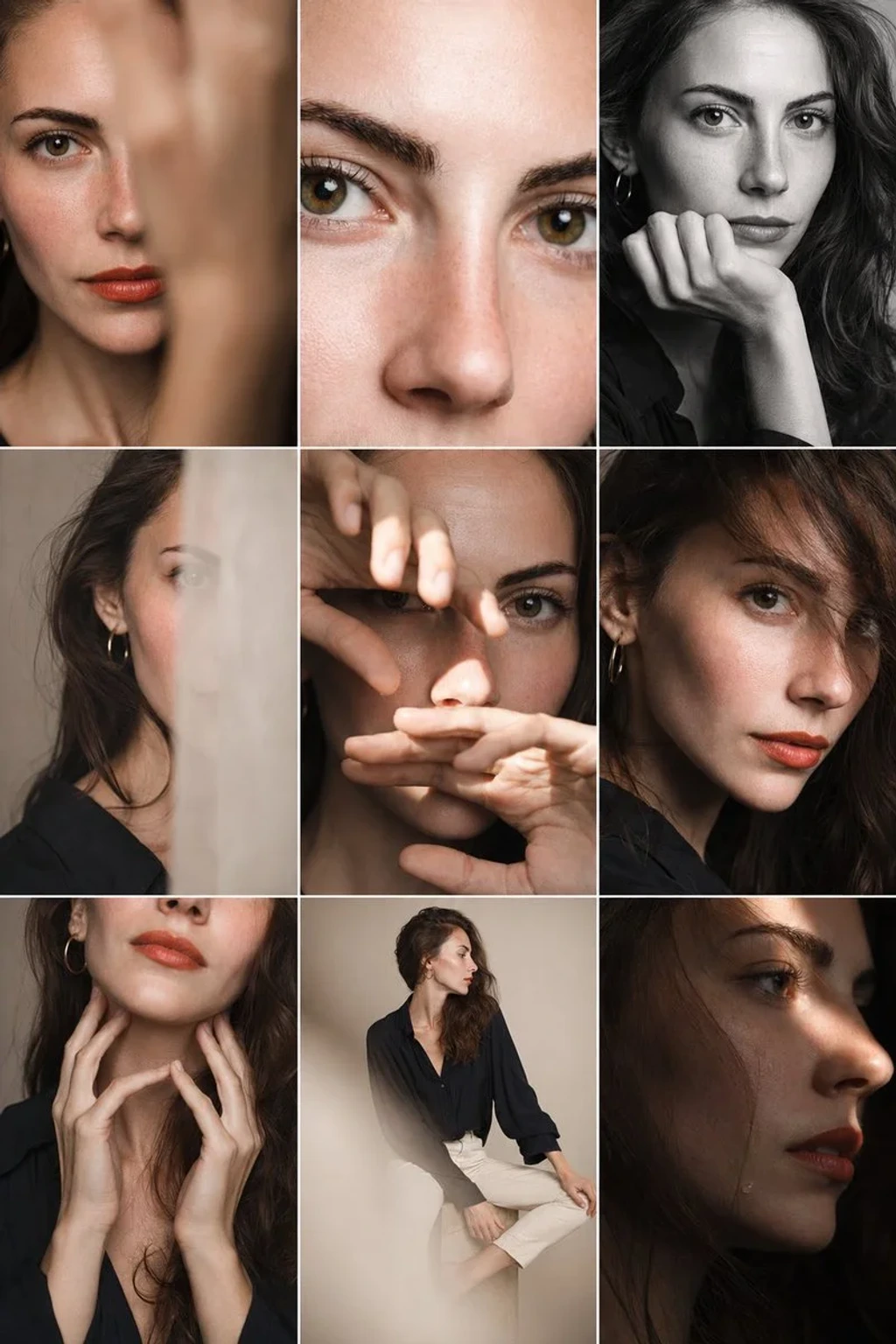 Portrait Photography — Editorial 3x3 photo grid in a clean soft beig