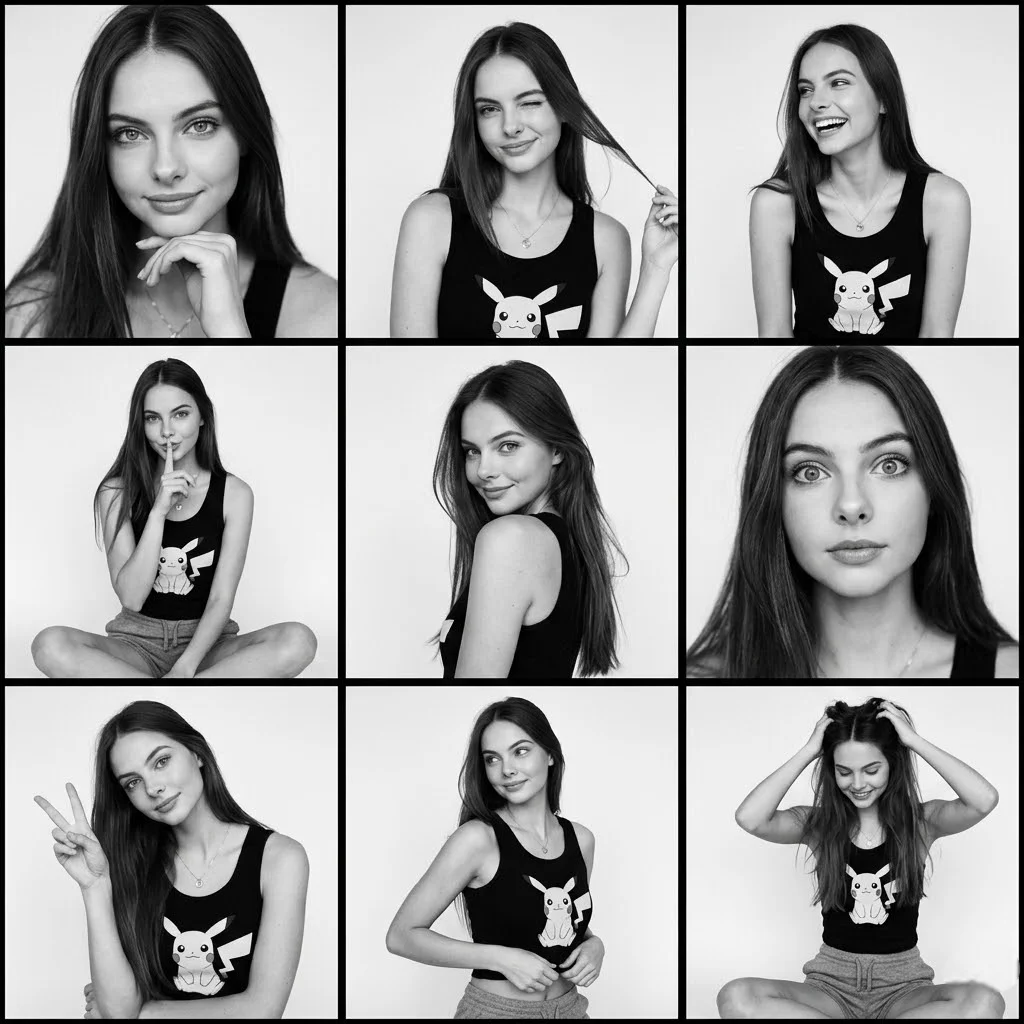 Black & White Fashion Contact Sheet Playful Poses in a 3x3 Grid