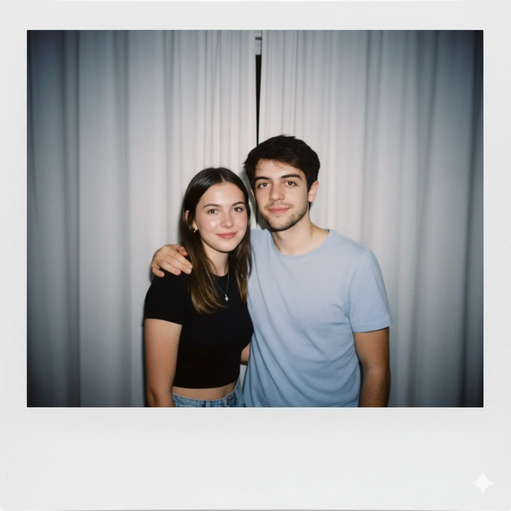 Polaroid Style Candid Photo with White Curtain Background