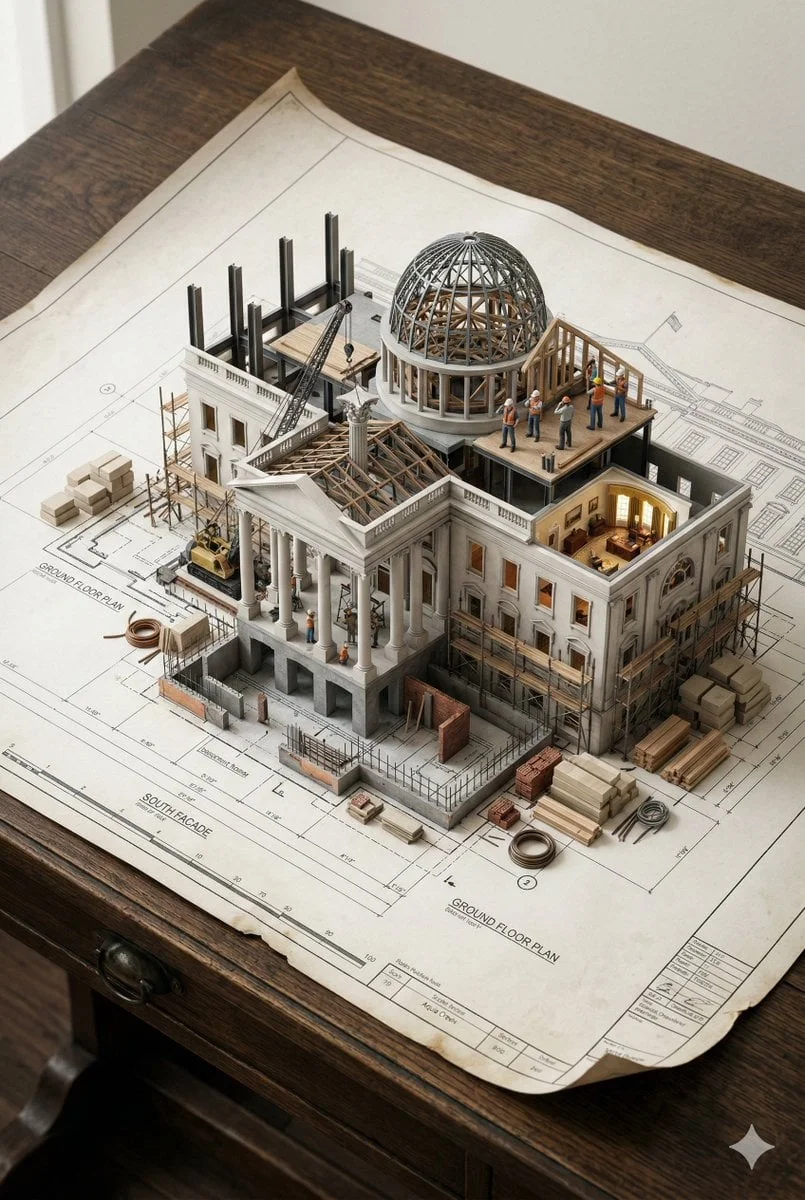 An architectural blueprint of BUILDING NAME placed on