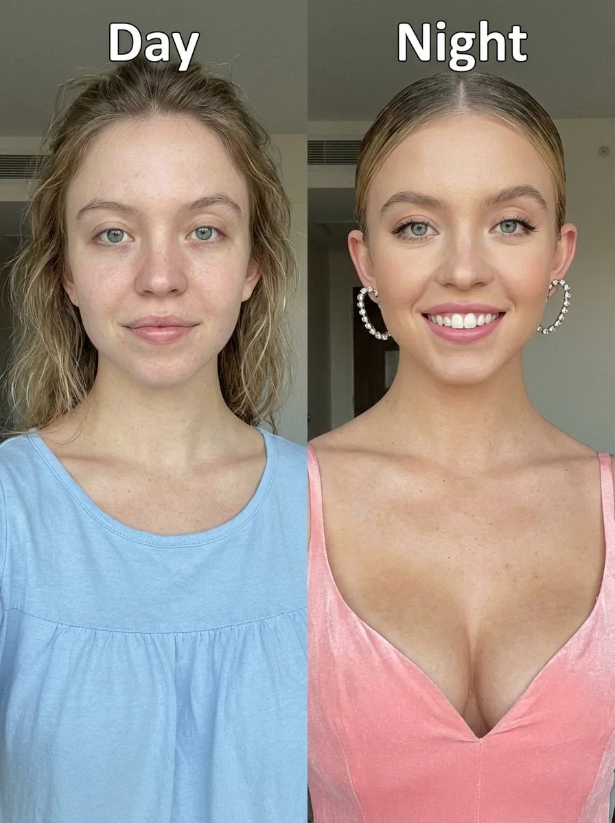 Before-and-after upper-body portrait photo of Sydney