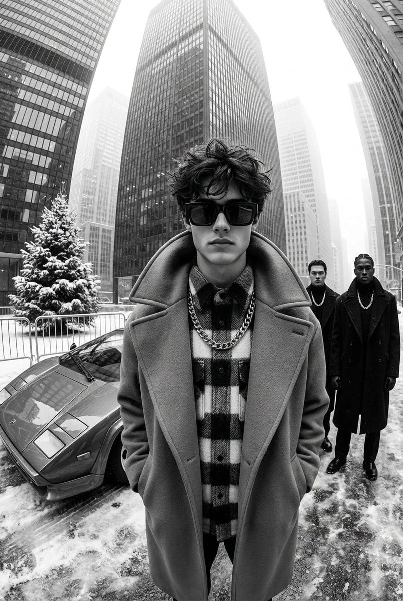 A black-and-white high-contrast ultra-glamorous street