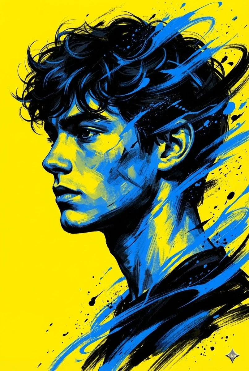 A bold high contrast digital portrait of a young man in