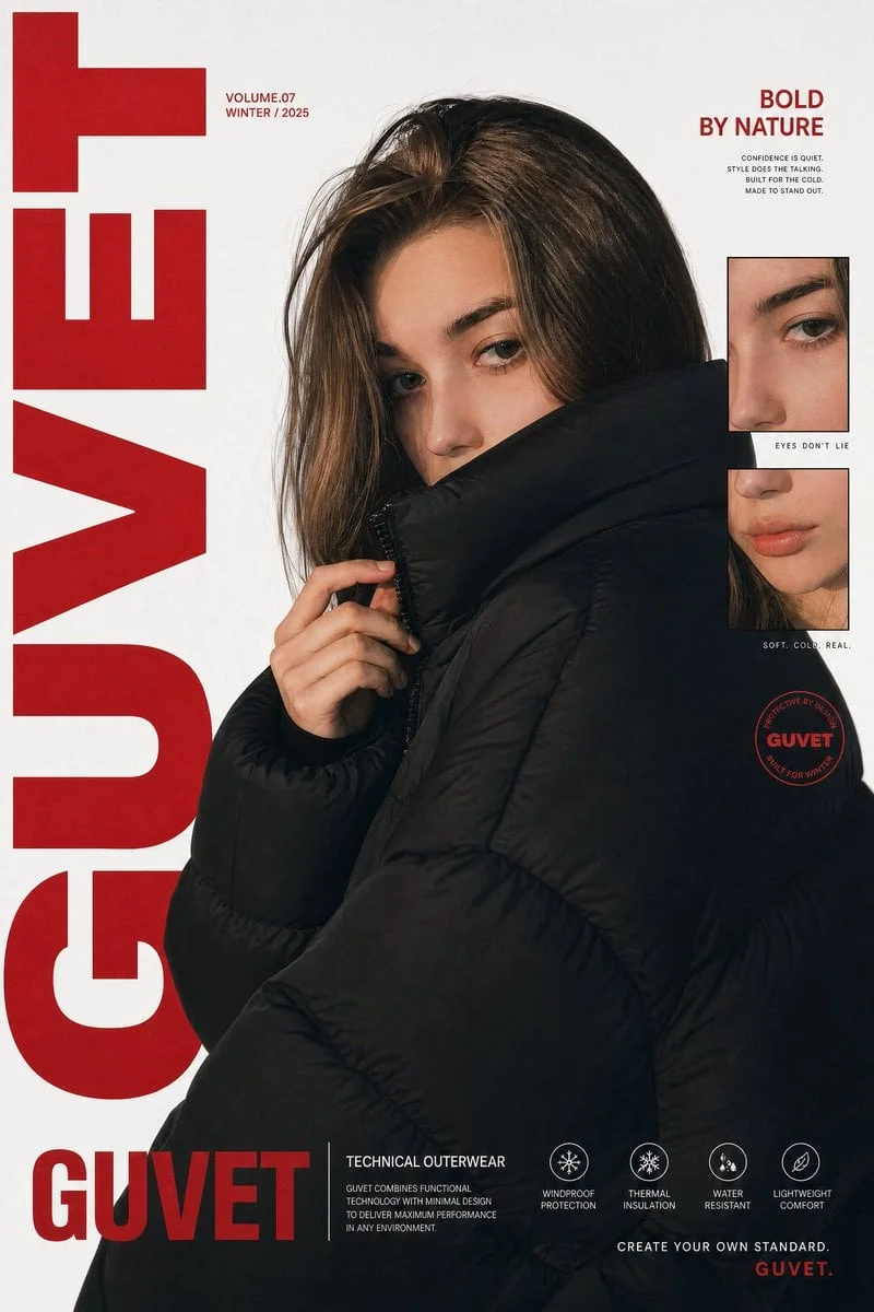 A bold fashion editorial poster featuring a young woman