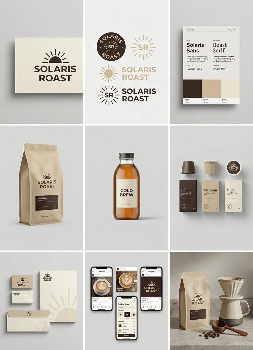 brand name complete brand identity grid 3x3 layout