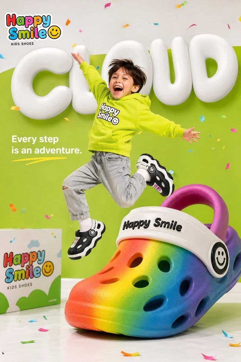 Bright colorful children s shoe brand advertisement for