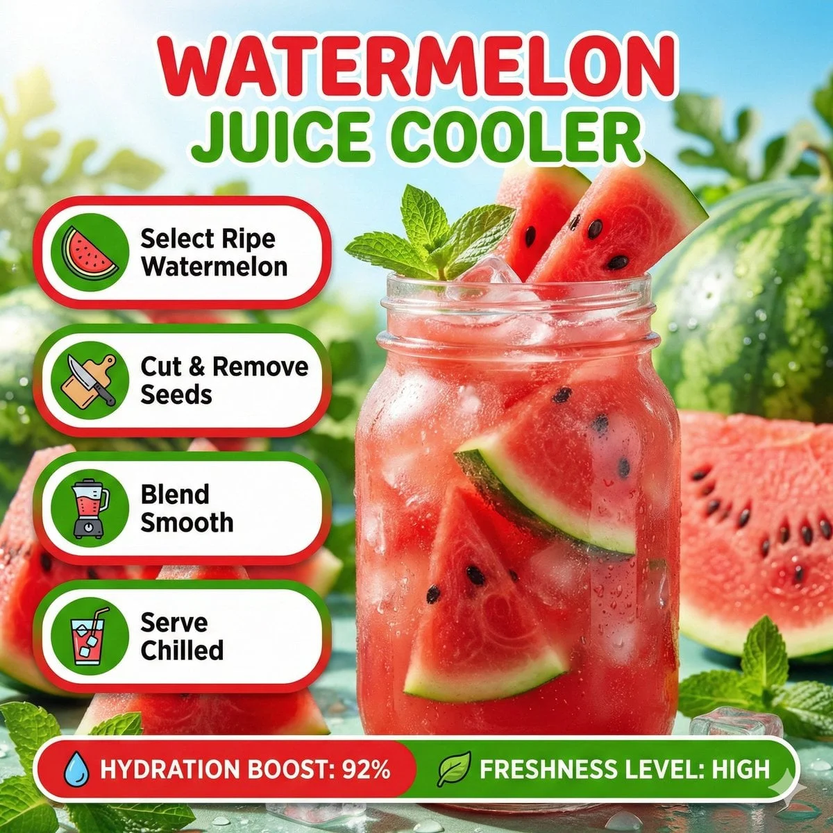 Bright Summer Infographic Showcasing Watermelon Juice, Icy Texture, Watermelon